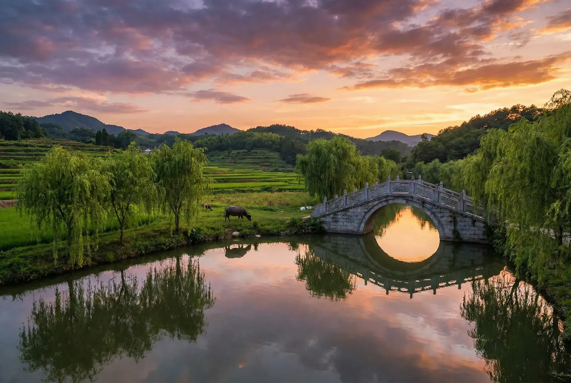 夕阳下的石拱桥与垂柳，水牛在河边吃草 - 少女教育 乡村美景